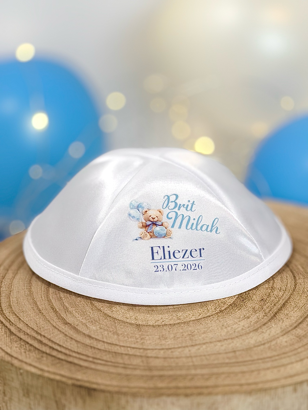 Teddy Bear blue ribbon & Balloons – Brit Milah Kippah