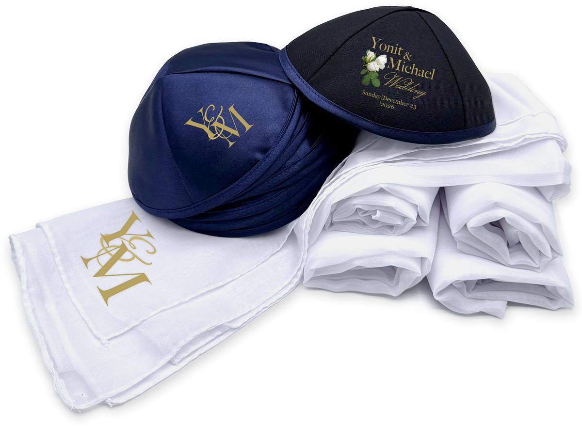 Navy personalized kippahs with rose-gold wedding design and white shawls